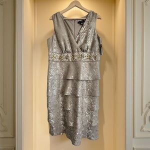 R & M Richards Embellished Taupe,midi,tiered,Gown SZ 16 NWT Mother of the Bride